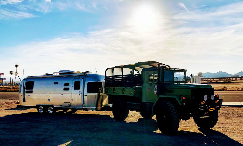 Military truck pulling Airstream, Las Vegas