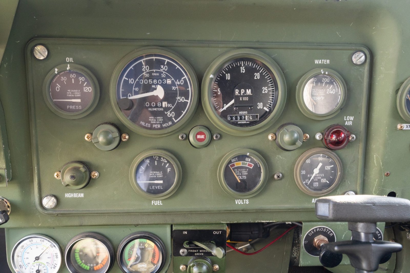 M35A3 dashboard with Faria speedometer, tachometer and gauges